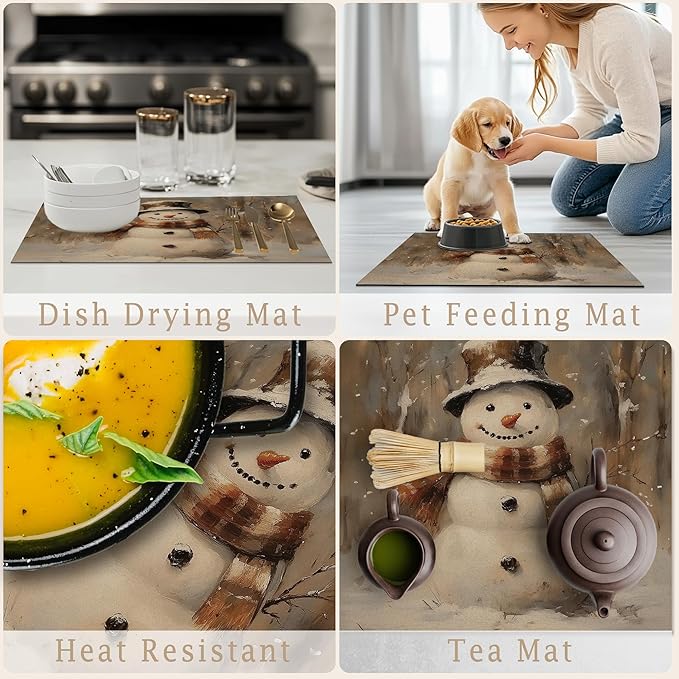 Winter Christmas Snowman Dish Drying Mat, Vintage Xmas Holiday Absorbent Dish Drainer Reusable Washable Drying Mat Pad for Kitchen Counter, Rustic Christmas Decor, 12×15 Inch