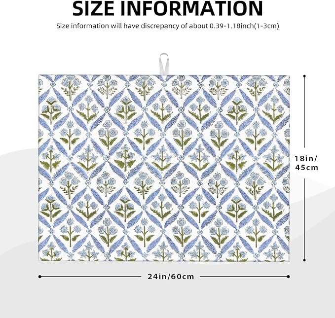 Boho Dish Drying Mat 18x24 Inches For Kitchen Counter Block Print Blue Floral Kitchen Decoration Drying Mat Modern Decorative Flower Drying Pad Mat for Home Kitchen Decor,Dining Room,Office