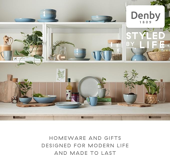 Denby - Elements Blue Dinner Set For 4-12 Piece Coupe Simple Ceramic Stoneware Tableware Set - Dishwasher Microwave Oven Safe - Scratch Chip Resistant