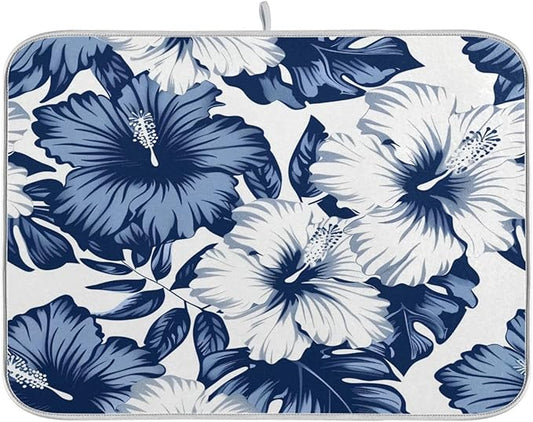Blue White Hibiscus Flowers Dish Drying Mat for Kitchen Counter Super Absorbent Dishes Pad Reversible Microfiber Protector Dish Draining Mats 18x24 inch
