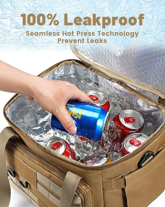 RalChyez Tactical Lunch Bag, 20L Large Heavy Duty Double Deck Insulated Lunch Box Leakproof Expandable Tote Cooler with Shoulder Strap for Adult Men Women Work Fishing Picnic Travel Tan