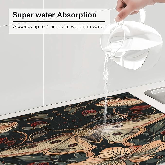 Vintage Butterfly Dish Drying Mat for Kitchen Counter Microfiber Super Absorbent Non-Slip Dish Drying Pad for Countertops Dishes Utensils Stylish Quick-Dry Machine Washable 18x24 Inch