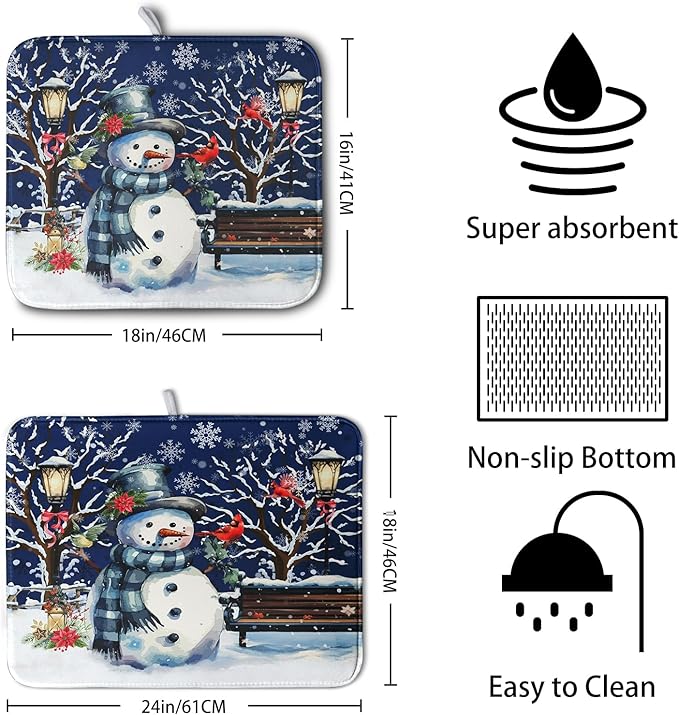 Winter Snowman Dish Drying Mat for Kitchen Counter 18x24, Xmas Snowflakes Dish Drainer Mat Snowy Night Drying Kitchen Mats Cardinal Birld Dish Pad Absorbent Reversible Coffee Mats for Dishes