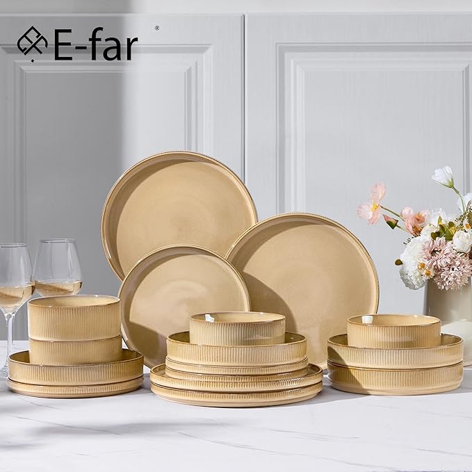 E-far 16 Piece Dinnerware Sets, Plates and Bowls with Pasta Bowls Service for 4, Modern Stoneware Ribbed Dishes for Kitchen Dining, Microwave & Dishwasher Safe, Caramel Khaki