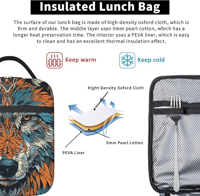 Wolf Lunch Box for Women Men, Insulated Lunch Box Reusable Portable Lunch Bag Cooler Tote Waterproof Lunch Container for Office Picnic Work Travel