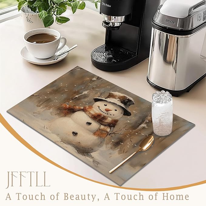 Winter Christmas Snowman Dish Drying Mat, Vintage Xmas Holiday Absorbent Dish Drainer Reusable Washable Drying Mat Pad for Kitchen Counter, Rustic Christmas Decor, 12×15 Inch