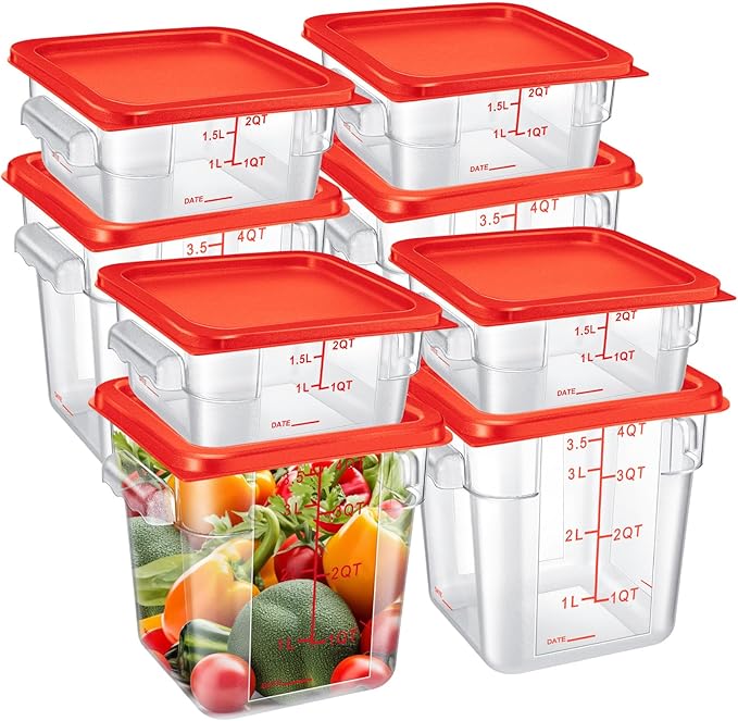 Suclain 8 Pcs Food Storage Container with Lids Set 2qt and 4qt Square Clear Commercial Containers with Scales Handles for Home Restaurant Kitchen Food Storage, Marinating Meat, Proof Dough (Red)