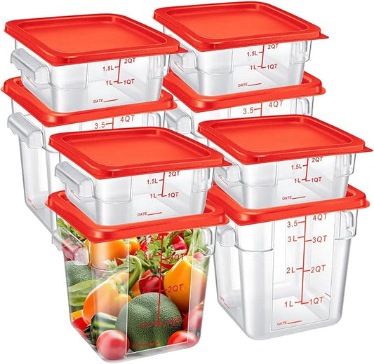 Suclain 8 Pcs Food Storage Container with Lids Set 2qt and 4qt Square Clear Commercial Containers with Scales Handles for Home Restaurant Kitchen Food Storage, Marinating Meat, Proof Dough (Red)