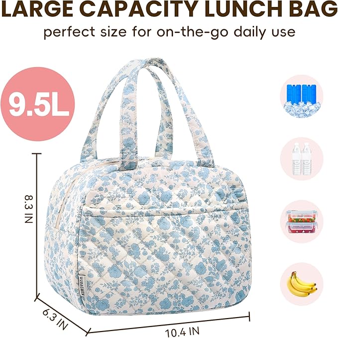 Quilted Lunch Box for Women,Insulated Cute Reusable Lunch Bag with Front Pocket,Pink Flower Stylish Lunch Tote Bag for Work, Office,Picnic, Travel,School (blue floral)
