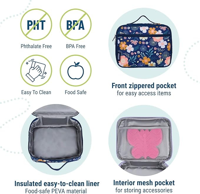 Wildkin Kids Insulated Lunch Box – Durable and Reusable for School & Travel - Wildflower Bloom