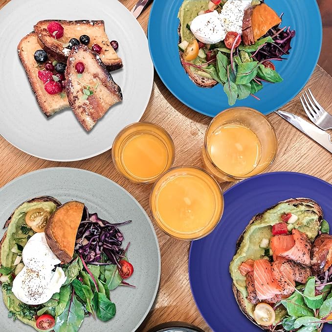 Wrova Wheat Straw Plates - 10 Inch Unbreakable Dinner Plates Set of 8 - Dishwasher & Microwave Safe Plastic Plates Reusable - Plates easy to clean for kitchen,camping.White-Grey-Blue, Island Series