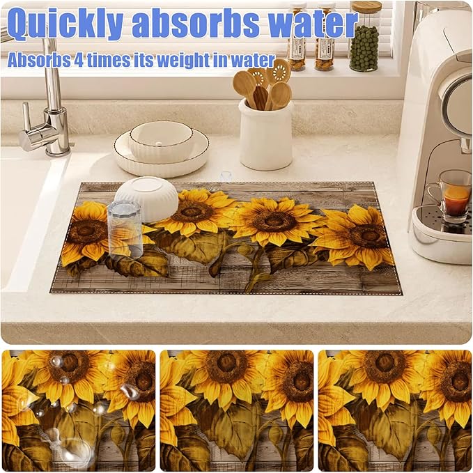 Vintage Sunflower Wooden Grain Dish Drying Mat for Kitchen Counter Drying Pad Absorbent Reversible Dish Drainer Rack Mats Draining Pad 18"x24"Inch