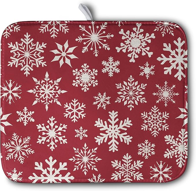 Christmas Snowflakes Dish Drying Mat for Kitchen Counter 16x18 Inch Red White Winter Xmas Pattern Dish Drying Pad for Dishes Microfiber Absorbent Dish Drainer Rack Mats for Countertop