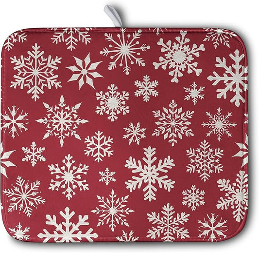 Christmas Snowflakes Dish Drying Mat for Kitchen Counter 16x18 Inch Red White Winter Xmas Pattern Dish Drying Pad for Dishes Microfiber Absorbent Dish Drainer Rack Mats for Countertop