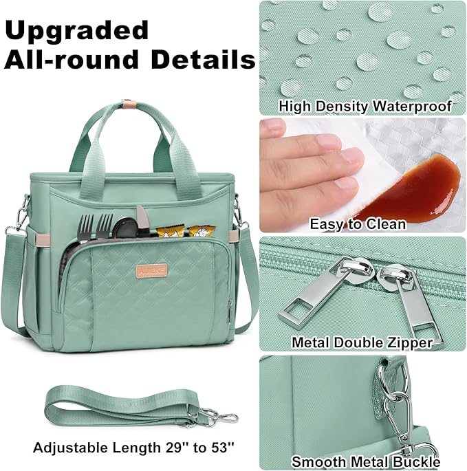 AIJIEKE Insulated Lunch Bag for Men Women, Lunch Box, Lunch Tote for Work, Large Leak Proof Cooler Bag with Removable Strap, Reusable Adult Lunchbag, Picnic, Office, Beach, Green