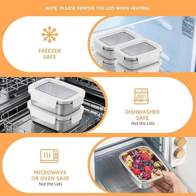 BEFOY Stainless Steel Snack Food Storage Container with Lids 4PCS 22.8OZ Leak Proof & Airtight Bento Box Lunch Container for Kitchen Meal Prep freezer Rectangular,Reusable & Stackable(white)
