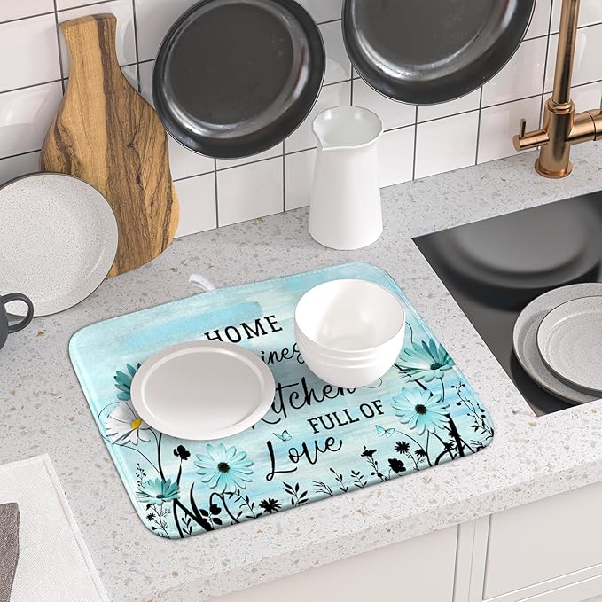 Blue Daisy Dish Drying Mat 16x18 Inch Love Kitchen Absorbent Microfiber Washable Fast Drying Pad Dishes Rack Mat for Kitchen Counter