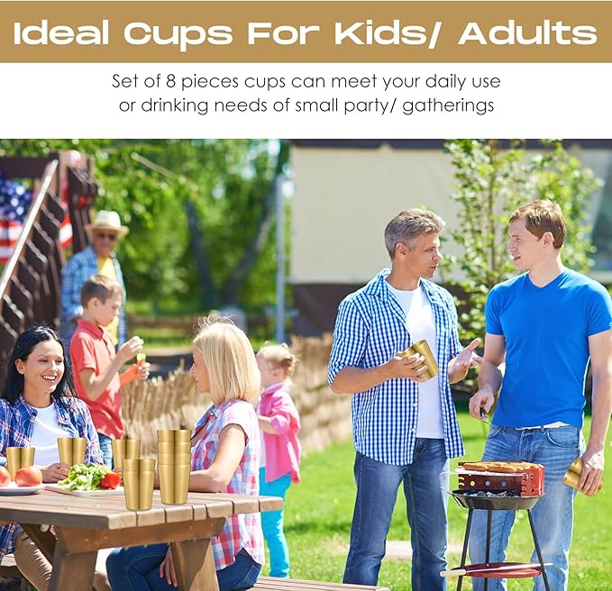 8 Pack Stainless Steel Insulated Cup Metal Tumbler Double Wall Vacuum Water Glasses Camping Reusable Mugs Bbq Home Office Party Coffee (Gold,8.8 oz)