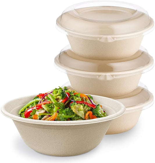 [500 COUNT]Harvest Pack PFAS FREE 48oz Round Paper Bowls with Dome Lids - Compostable Heavy-Duty Eco-Friendly Disposable Bagasse Large Bowls Sugarcane made plant fibers for Meal Prep Soup