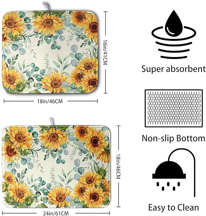 Sunflowers Dish Drying Mat for Kitchen Counter Yellow Flower Green Leaves Dish Draining Mats Spring Summer Floral Dishes Pad Microfiber Absorbent Dish Drainer Rack Mat 16x18 Inch