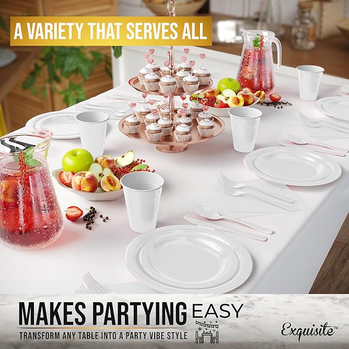 222 Pcs White Paper Plates and Napkins Sets, Disposable Plates For Party, Lunch & Cocktail Napkins Paper, 18oz Plastic Cups, Cutlery and White Table cloth Plastic Dinnerware Set
