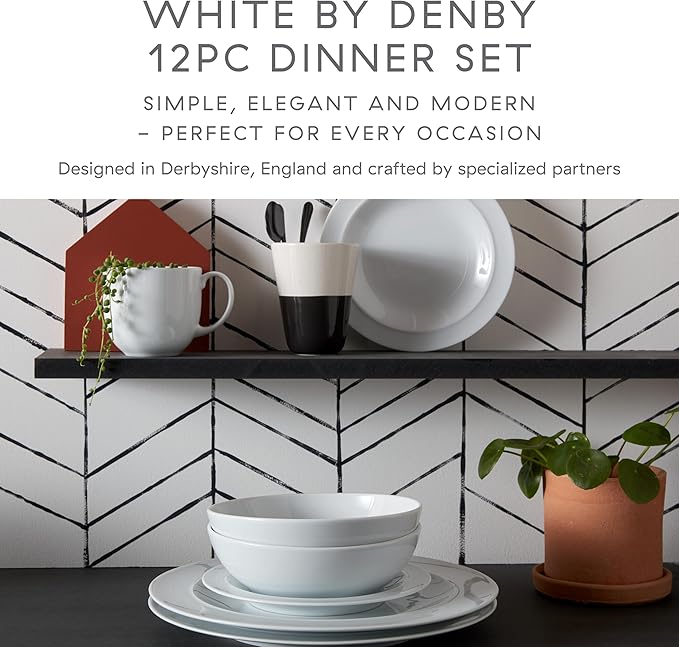 Denby - White By Denby Dinner Set For 4-12 Piece Tableware Set - Fine Porcelain Dinnerware Set - Dishwasher Microwave Oven Safe, Scratch Resistant - 4 x Dinner Plates, Small Plate & Cereal Bowls