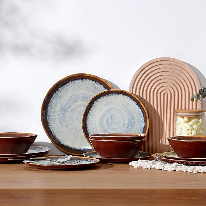 Melamine Dinnerware Sets,12Pcs Plate and Bowl Set,Unbreakable and Lightweight Dish Set,Great for Camping and RV,BPA free,Dishwasher Safe(Sandy Brown)