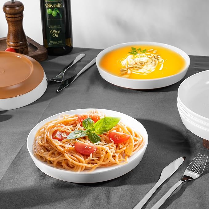 Webbylee 8.25" Melamine Deep Plates Set of 6-28oz Melamine Large Salad Bows，Serving Bowls for Cereal, Fruit, Soup，Deep Enough for Kitchen and Dining White/Brown