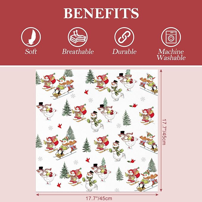 Christmas Snowman Napkins, 18×18 Inch Dinner Cloth Napkins Set of 4, Washable Cotton Soft Absorbent Square Table Top Decoration for Dining Kitchen Party Wedding