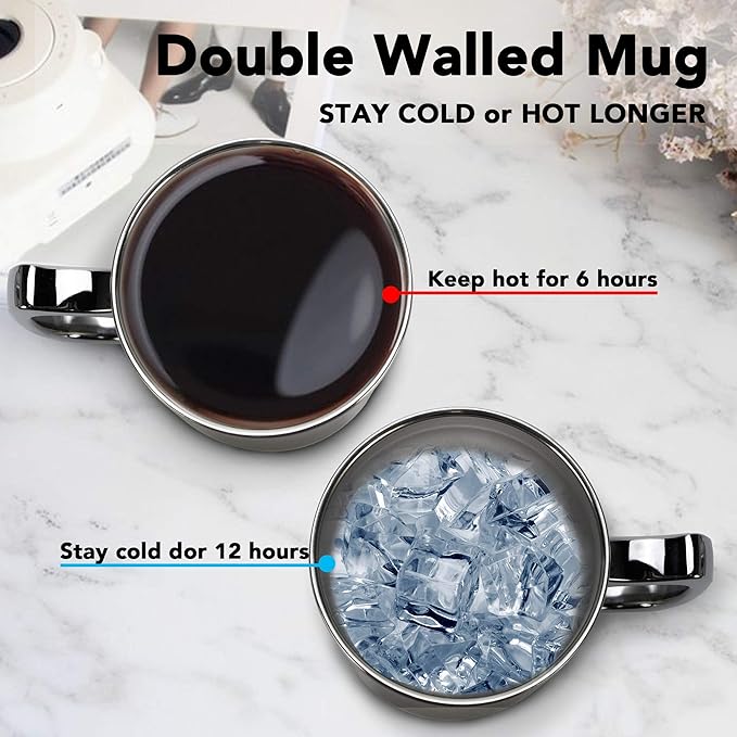 Stainless Steel Double Walled Mugs 20 oz Metal Coffee & Tea &Wine Cup Mug Insulated Cups with Handles Keep Drinks Cold or Hot Longer（Double）