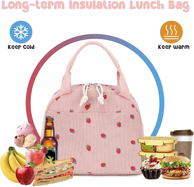 Bluboon Lunch Bag for Women Men Cute Corduroy Lunch Tote Bags Reusable Insulated Lunch Box Large Capacity Reusable Insulated Cooler for Work Picnic or Travel (Corduroy strawberry pink)