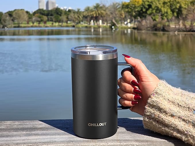 CHILLOUT LIFE Stainless Steel 20 oz Vacuum Insulated Coffee Mug with Handle and Lid, Large Thermal Camping Coffee Mug Cup with Durable Sliding Lid for Men & Women, Keeps your Beverages Hot/Cold