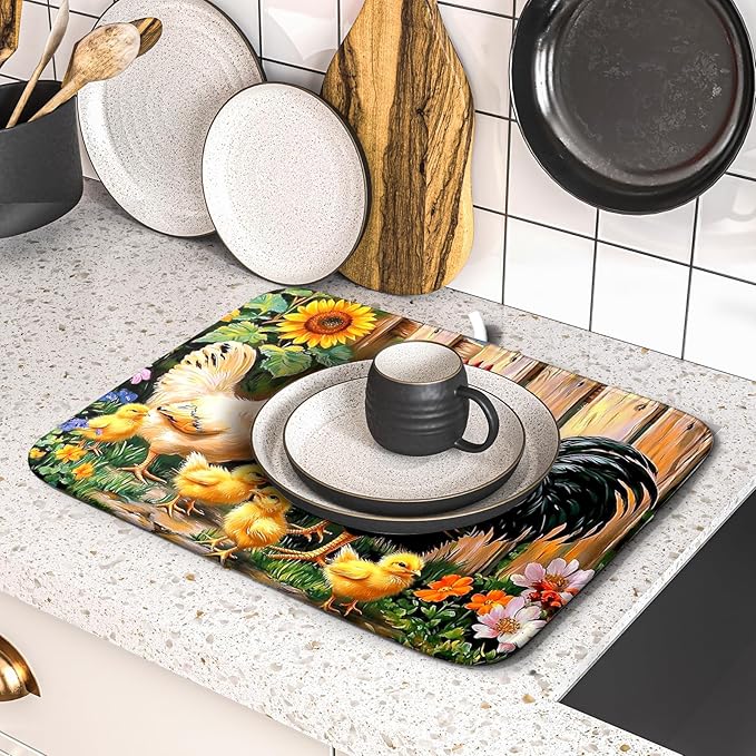 Rooster Dish Drying Mats 16x18 Inch,Farmhouse Chickens Sunflower Rustic Wooden Fence Microfiber Absorbent Draining Racks Sink Drainer Pad for Kitchen Coffee Maker Counter Decor