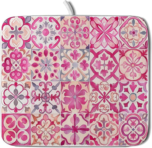 Pink Mexican Tiles Dish Drying Mat Absorbent Microfiber Dish Drying Pad for Kitchen Multi-use Large