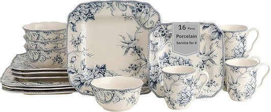222 Fifth Adelaide 16-Piece Square Floral Dinnerware Set – Service for 4, Blue & White Porcelain Plates & Bowls, for Everyday Dining & Entertainment, Microwave & Dishwasher Safe, Chip Resistant