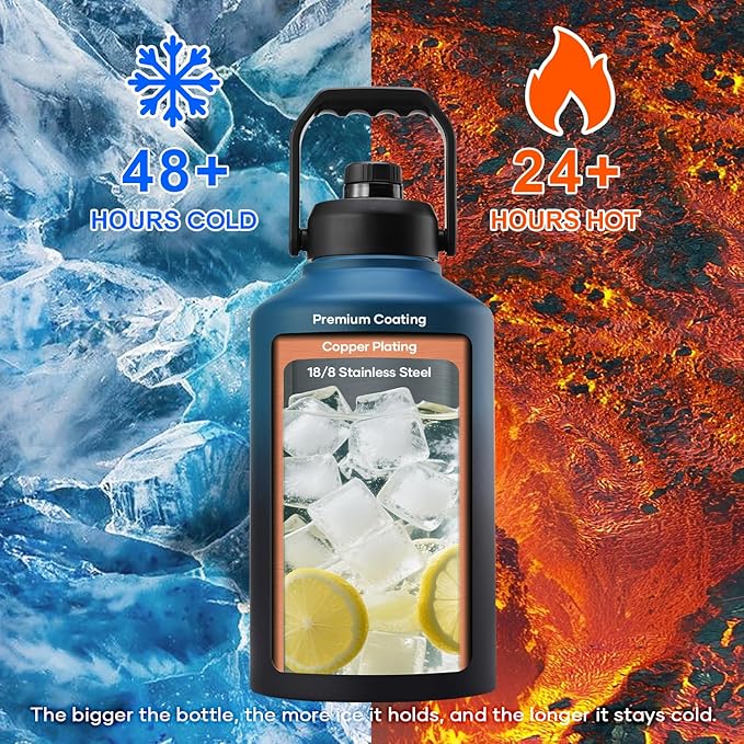 BUZIO 1.5 Gallon Water Bottle Insulated, (Cold for 48 Hrs) 196oz Large Water Jug Stainless Steel, 3.58in Big Wide Mouth Leak Proof Metal Flask with Carrying Sleeve for Camping,Gym,Travel,Indigo Crush