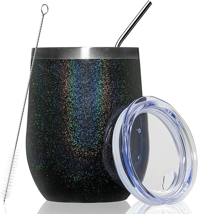 MEWAY Stemless 12oz Wine Tumbler Glasses with Lid -Insulated Double Wall Vacuum Stainless Steel Glitter Tumbler with Straw,for Woman Under 10 dollars(Rainbow Black,1)