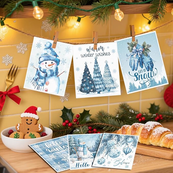 Winter Swedish Dishcloths for Kitchen - 6PCS Let It Snow Swedish Cloths for Washing Dishes, Snowman Blue Winter Reusable Dish Towels, Holiday Seasonal Washable Cleaning Sponge Gift