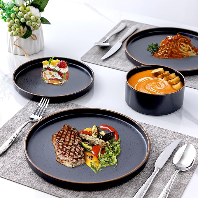 LERATIO Ceramic Dinnerware Sets for 4,Matte Stoneware Plates and Bowls Set, Chip and Crack Resistant | Oven & Dishwasher & Microwave Safe Dishes Set, Service for 4-Ashen Gold Rim