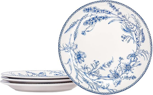 Bico Blue Garden Toile De Jouy Dinner Plates Set of 4, 11 Inch Large Ceramic Plates for Pasta, Steak, Stylish Serving Dishes, Microwave and Dishwasher Safe, Gift for Housewarming and Thanksgiving