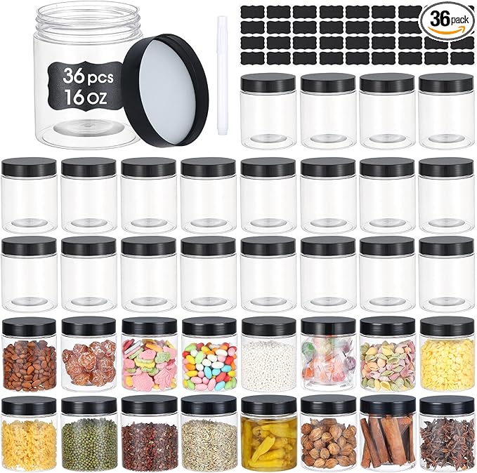 36PCS16OZ Plastic Jars with Screw On Lids, Labels Refillable Empty Round Slime Containers for Storing Dry Food, Honey Jam, Cream, Butter, Lotion (matte black)