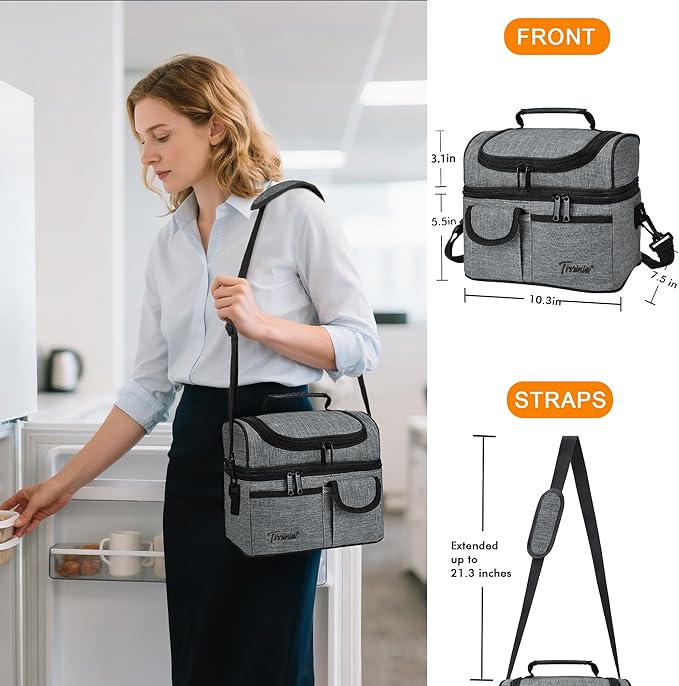 Tirrinia Reusable Lunch Box for Men Women, Insulated Lunch Bag Adult Work, Double Decker Leakproof Lunchbox for Office Picnic Beach—Dual Compartment Lunch Cooler Bag,Dark Gray