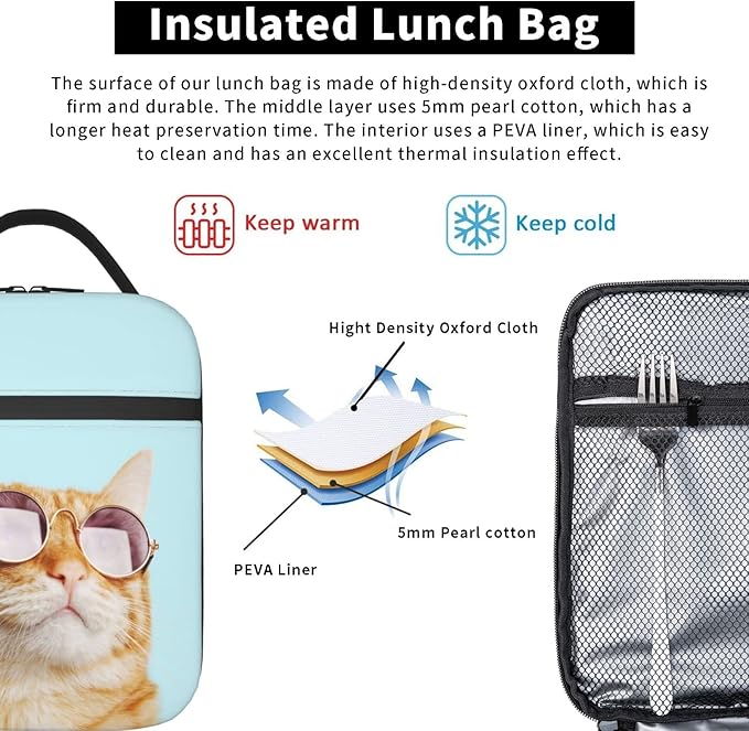 Sunglasses Cat Reusable Lunch Box Insulated LunchBox Cooler Lunch Bag