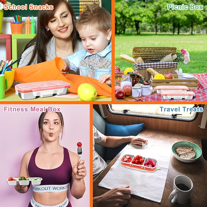 4 Pack Stainless Steel Snack Containers, 2/3 Compartment Metal Lunch Box, Leak Proof Snack Containers with Lids, with Fork and Spoon for School, Work, Travel (4pcs 3 Grids Lunch Box)