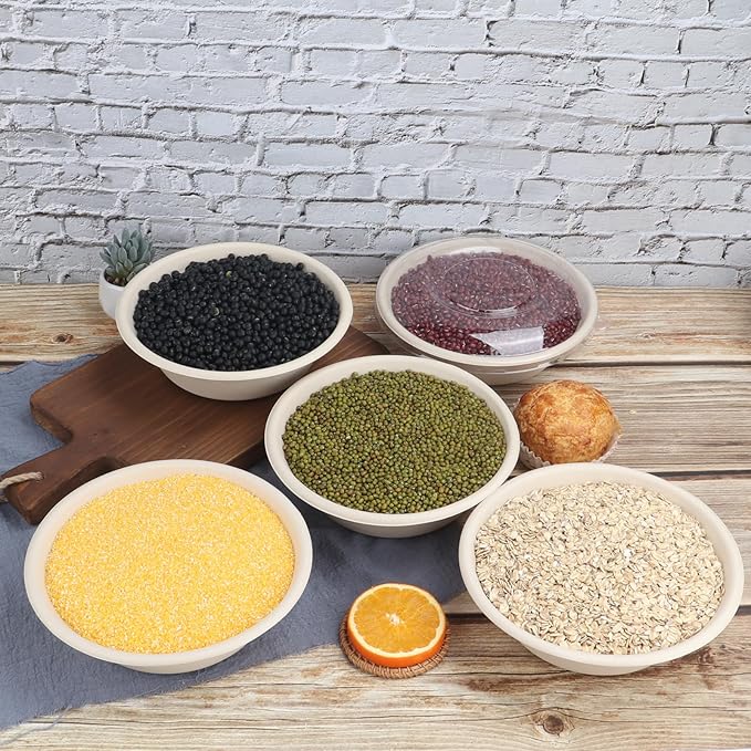 32 oz Disposable salad bowls with lids, Sugarcane Fiber Paper Bowls take away food containers Plant Fibers Freezer Safe 50 Pack