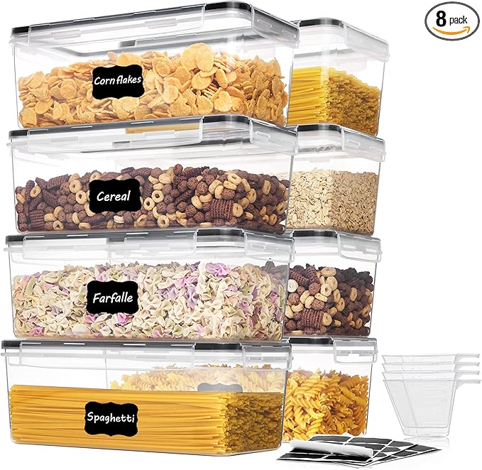Vtopmart Airtight Food Storage Containers with Lids 8PCS Set 3.2L, Plastic Spaghetti Container for Pasta organizer, BPA Free Air Tight House Kitchen Pantry Organization