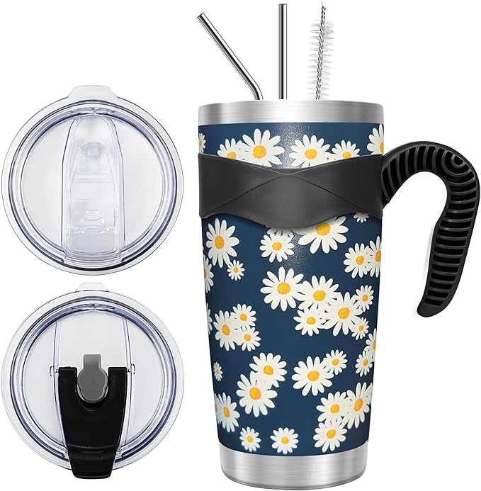 WETOWETO 20oz Tumbler with 2 lids and 2 straws, Stainless Steel Vacuum Insulated Water Coffee Tumbler Cup with Handle, Double Wall Powder Coated Spill-Proof Travel Mug (Daisy Flower, 1 Pack)
