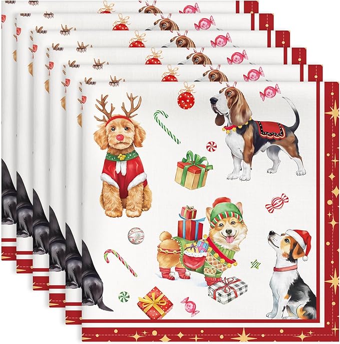 Christmas Dog Napkins, 18×18 Inch Dinner Cloth Napkins Set of 6, Washable Cotton Soft Absorbent Square Table Top Decoration for Dining Kitchen Party Wedding