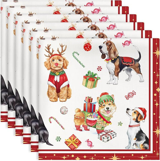 Christmas Dog Napkins, 18×18 Inch Dinner Cloth Napkins Set of 6, Washable Cotton Soft Absorbent Square Table Top Decoration for Dining Kitchen Party Wedding