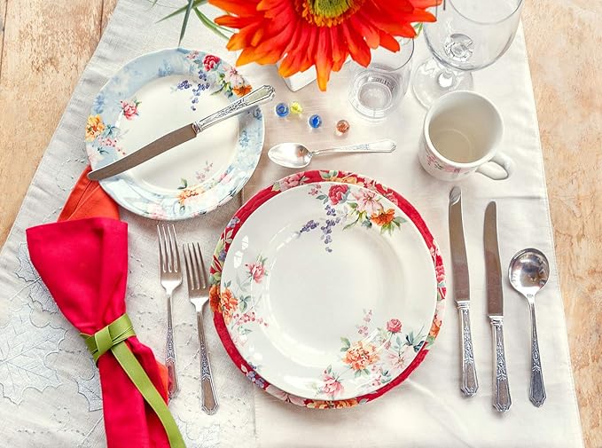 Tudor Royal 24-Piece Porcelain Round Dinnerware Set, Service for 6, Crimson Design, Summer Floral, Plates Bowls Mugs Dishes, Glossy, Premium Quality Tableware